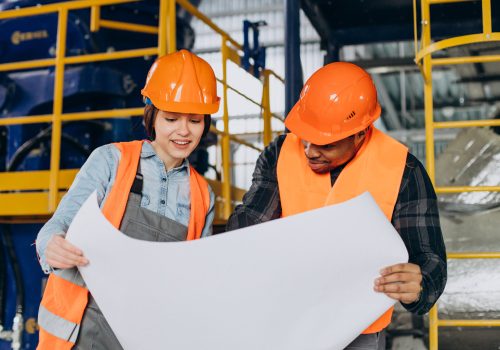 Woman and african american worker standing with a plan in a factory